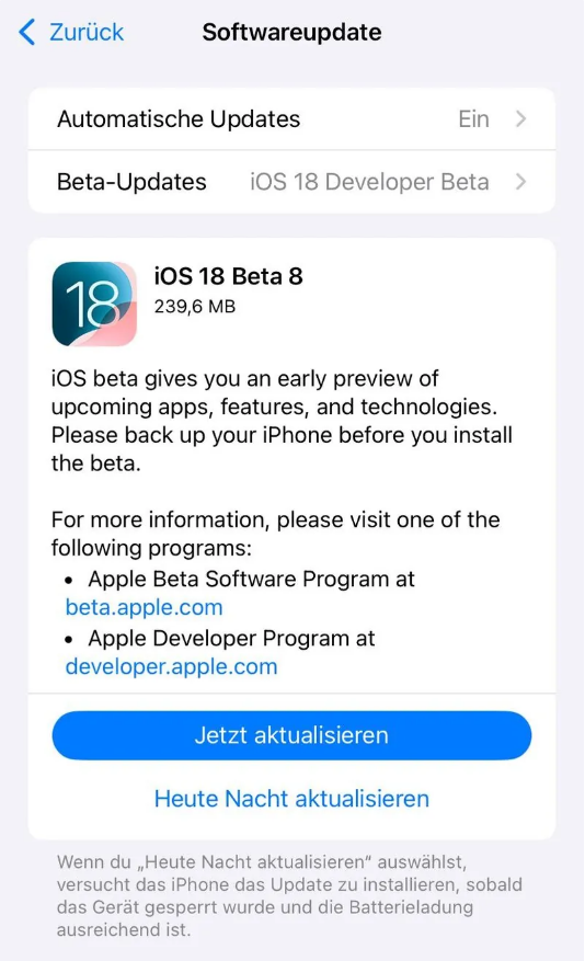 坡心镇苹果手机维修分享苹果 iOS / iPadOS 18 开发者预览版 Beta 8 发布 